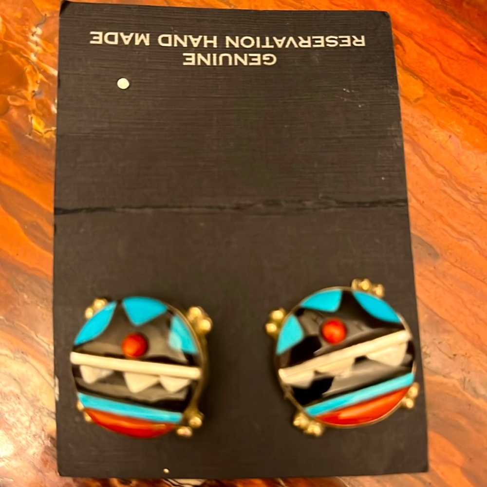 Native American sterling silver turquoise,  onyx mother of pearl 3/4” earrings